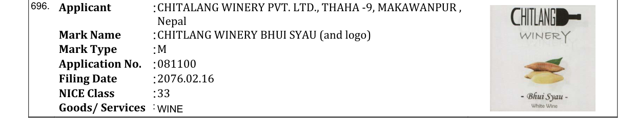 Original bulletin entry for CHITLANG WINERY BHUI SYAU (and logo)