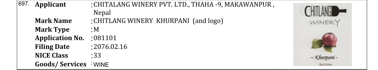Original bulletin entry for CHITLANG WINERY KHURPANI (and logo)