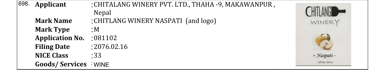 Original bulletin entry for CHITLANG WINERY NASPATI (and logo)