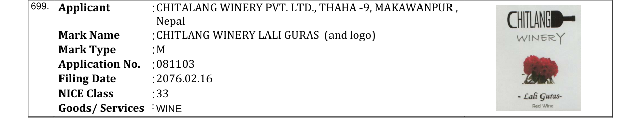Original bulletin entry for CHITLANG WINERY LALI GURAS (and logo)