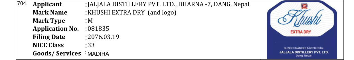 Original bulletin entry for KHUSHI EXTRA DRY (and logo)