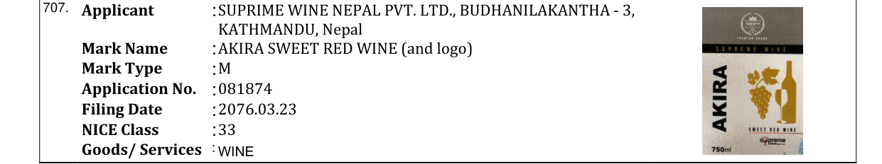 Original bulletin entry for AKIRA SWEET RED WINE (and logo)