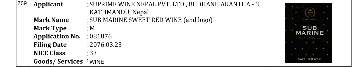 Original bulletin entry for SUB MARINE SWEET RED WINE (and logo)