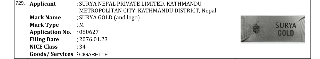 Original bulletin entry for SURYA GOLD (and logo)