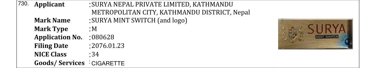 Original bulletin entry for SURYA MINT SWITCH (and logo)