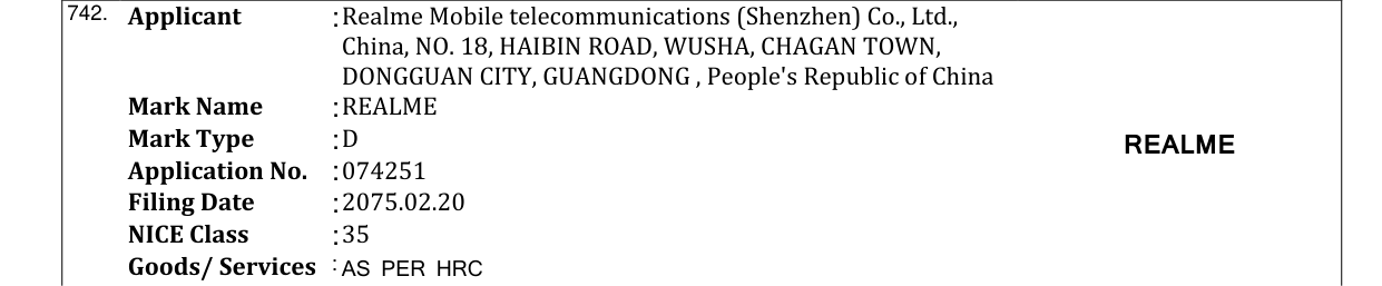 Original bulletin entry for REALME