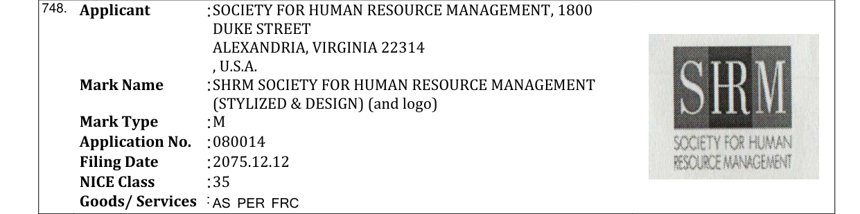 Original bulletin entry for SHRM SOCIETY FOR HUMAN RESOURCE MANAGEMENT (STYLIZED & DESIGN) (and logo)