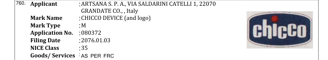 Original bulletin entry for CHICCO DEVICE (and logo)