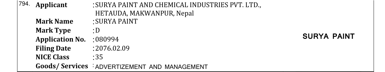 Original bulletin entry for SURYA PAINT