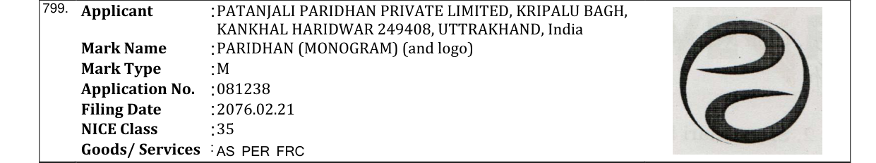 Original bulletin entry for PARIDHAN (MONOGRAM) (and logo)