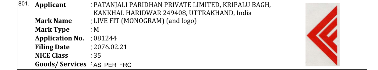Original bulletin entry for LIVE FIT (MONOGRAM) (and logo)