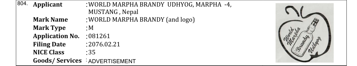 Original bulletin entry for WORLD MARPHA BRANDY (and logo)