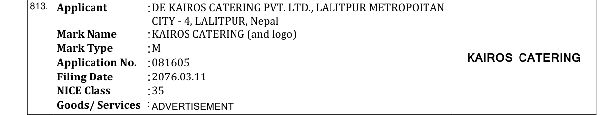Original bulletin entry for KAIROS CATERING (and logo)