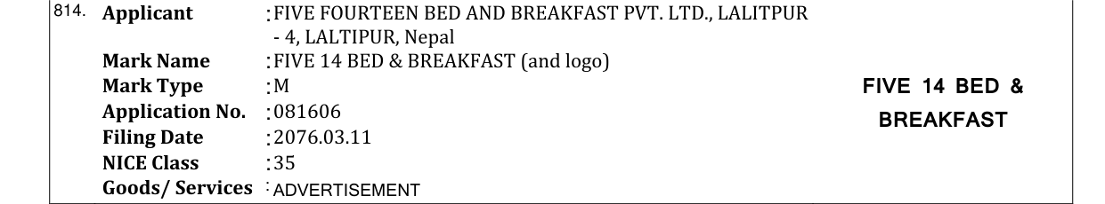 Original bulletin entry for FIVE 14 BED & BREAKFAST (and logo)