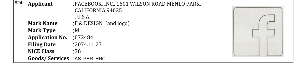 Original bulletin entry for F & DESIGN (and logo)