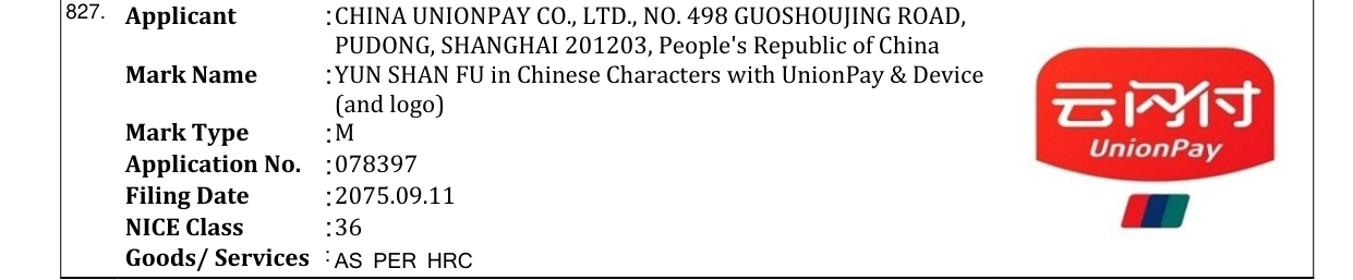 Original bulletin entry for YUN SHAN FU in Chinese Characters with UnionPay & Device (and logo)