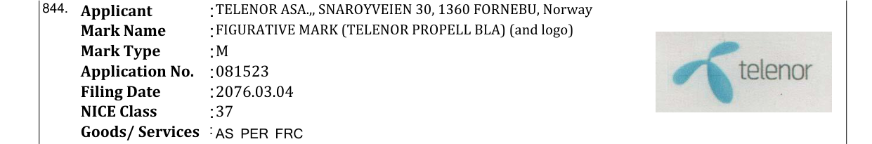 Original bulletin entry for FIGURATIVE MARK (TELENOR PROPELL BLA) (and logo)