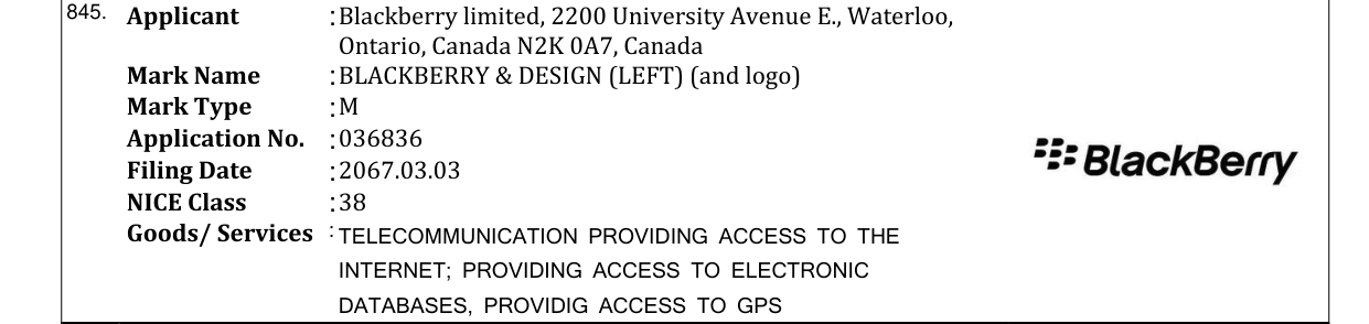 Original bulletin entry for BLACKBERRY & DESIGN (LEFT) (and logo)