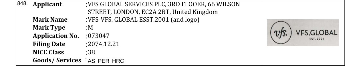 Original bulletin entry for VFS-VFS. GLOBAL ESST.2001 (and logo)