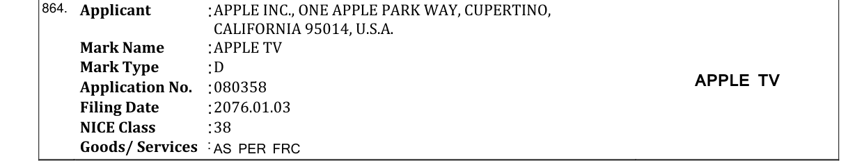 Original bulletin entry for APPLE TV
