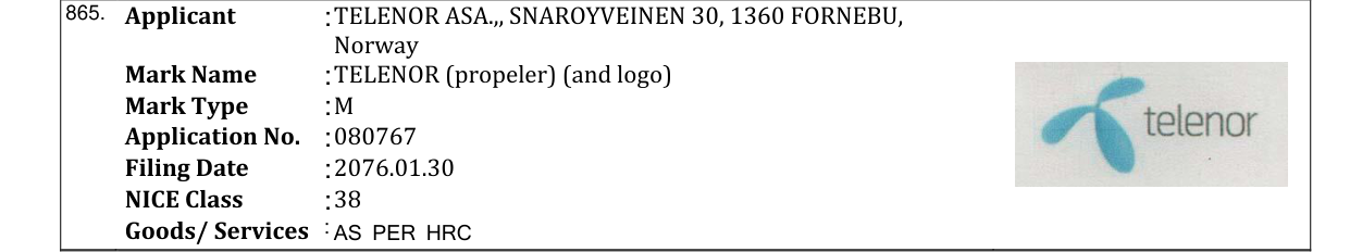 Original bulletin entry for TELENOR (propeler) (and logo)
