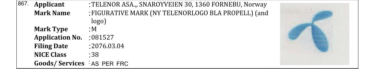 Original bulletin entry for FIGURATIVE MARK (NY TELENORLOGO BLA PROPELL) (and logo)