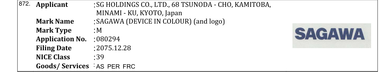 Original bulletin entry for SAGAWA (DEVICE IN COLOUR) (and logo)