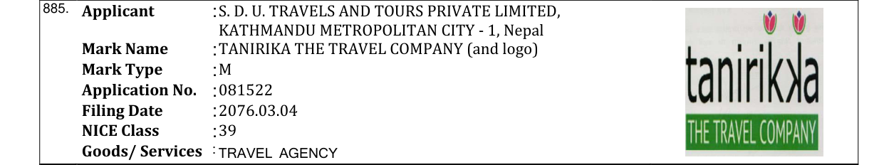 Original bulletin entry for TANIRIKA THE TRAVEL COMPANY (and logo)