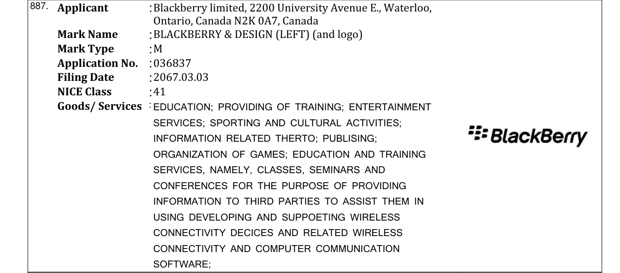 Original bulletin entry for BLACKBERRY & DESIGN (LEFT) (and logo)