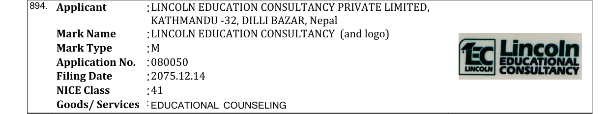 Original bulletin entry for LINCOLN EDUCATION CONSULTANCY (and logo)