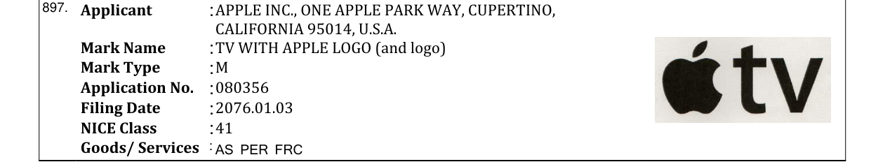 Original bulletin entry for TV WITH APPLE LOGO (and logo)