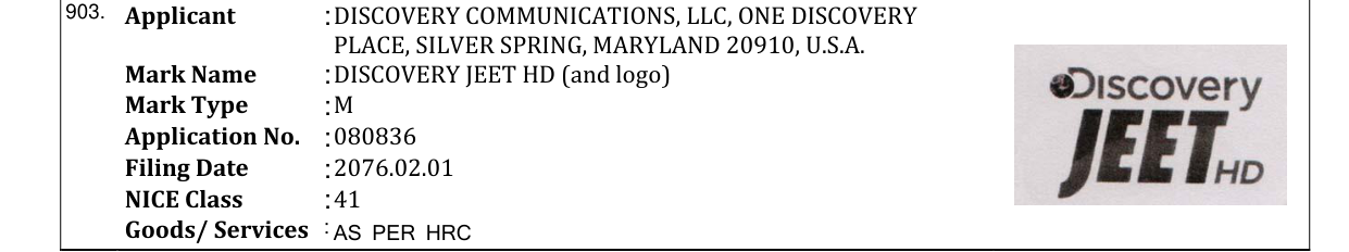 Original bulletin entry for DISCOVERY JEET HD (and logo)
