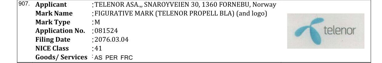 Original bulletin entry for FIGURATIVE MARK (TELENOR PROPELL BLA) (and logo)