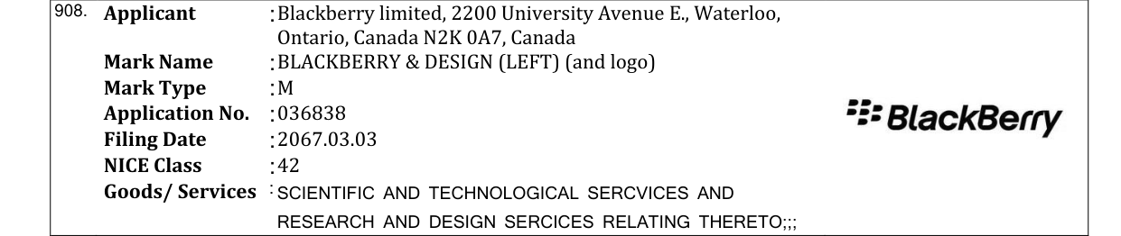 Original bulletin entry for BLACKBERRY & DESIGN (LEFT) (and logo)