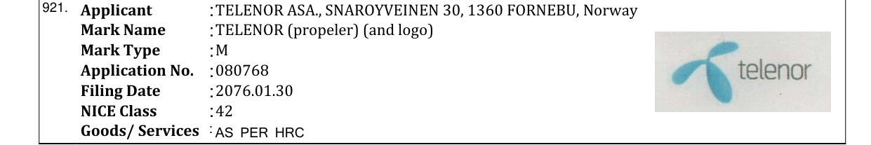 Original bulletin entry for TELENOR (propeler) (and logo)