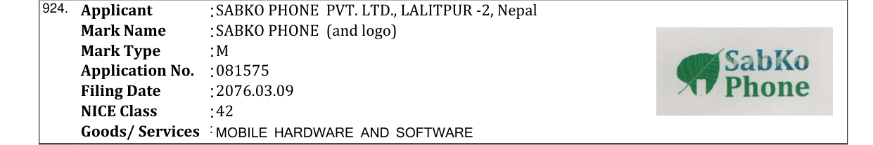 Original bulletin entry for SABKO PHONE (and logo)