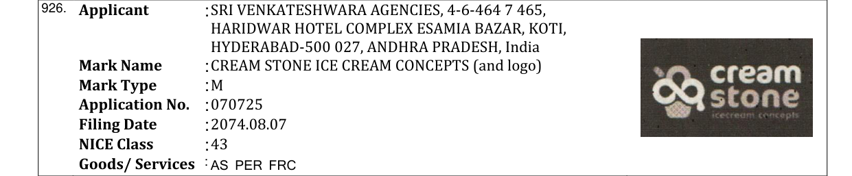 Original bulletin entry for CREAM STONE ICE CREAM CONCEPTS (and logo)