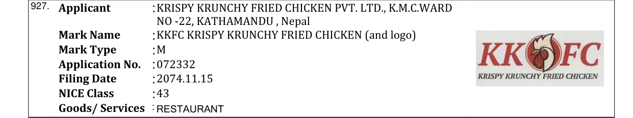 Original bulletin entry for KKFC KRISPY KRUNCHY FRIED CHICKEN (and logo)