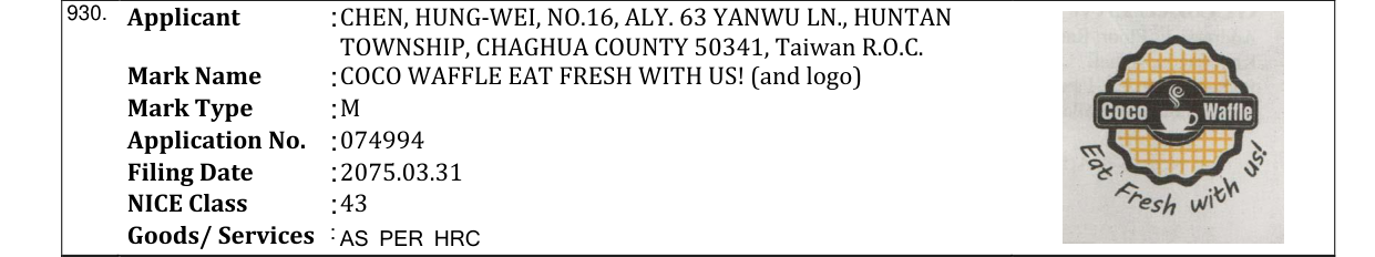 Original bulletin entry for COCO WAFFLE EAT FRESH WITH US! (and logo)