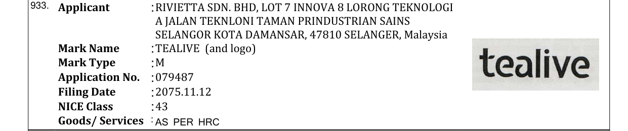 Original bulletin entry for TEALIVE (and logo)