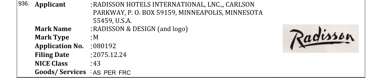 Original bulletin entry for RADISSON & DESIGN (and logo)