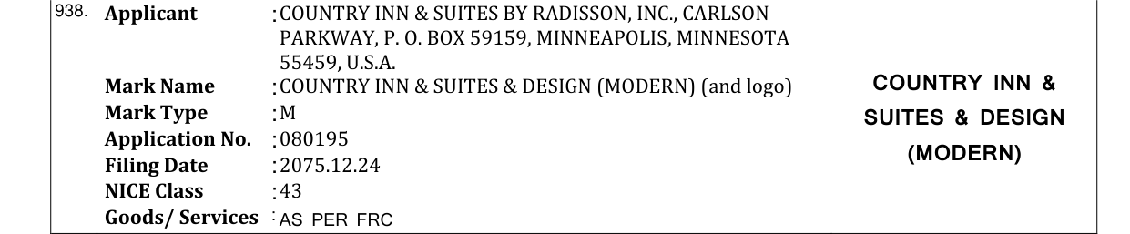 Original bulletin entry for COUNTRY INN & SUITES & DESIGN (MODERN) (and logo) COUNTRY INN &