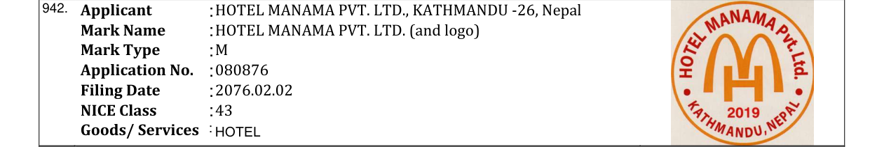 Original bulletin entry for HOTEL MANAMA PVT. LTD. (and logo)