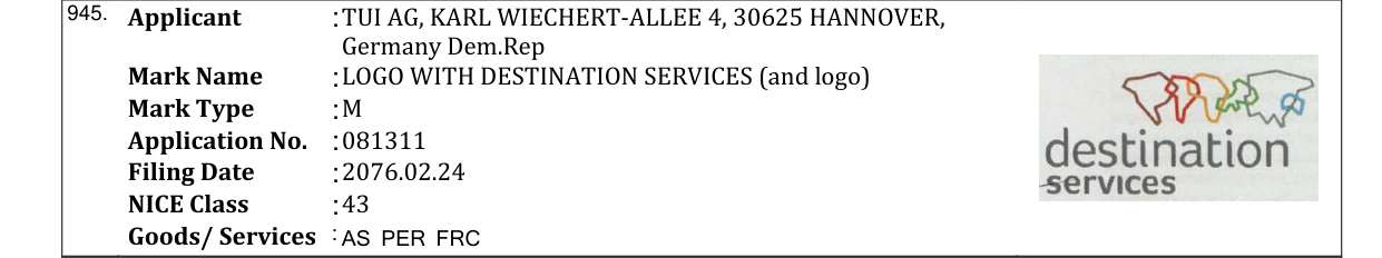 Original bulletin entry for LOGO WITH DESTINATION SERVICES (and logo)