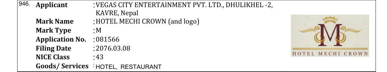 Original bulletin entry for HOTEL MECHI CROWN (and logo)