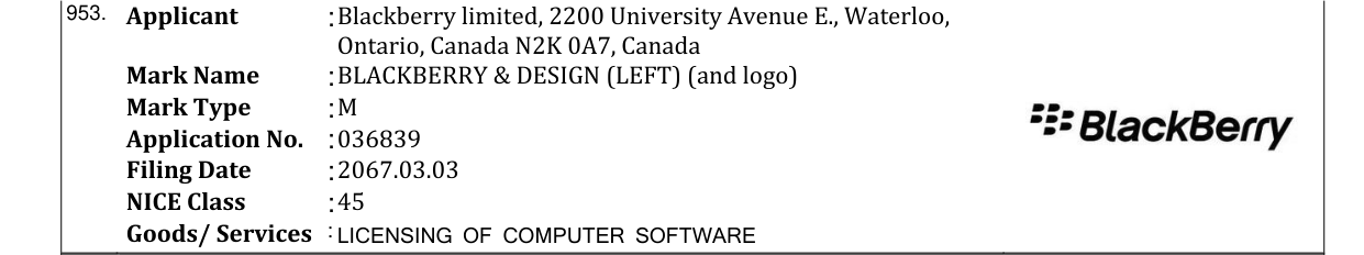Original bulletin entry for BLACKBERRY & DESIGN (LEFT) (and logo)