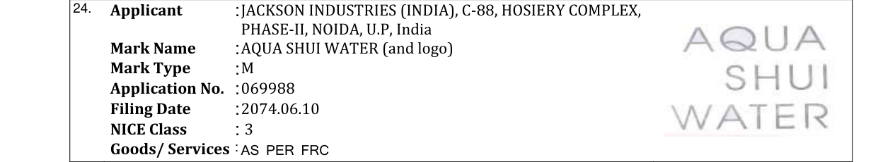 Original bulletin entry for AQUA SHUI WATER (and logo)