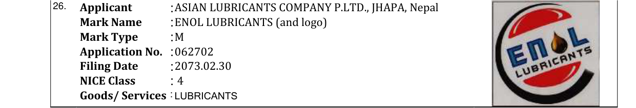 Original bulletin entry for ENOL LUBRICANTS (and logo)