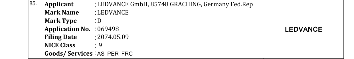 Original bulletin entry for LEDVANCE