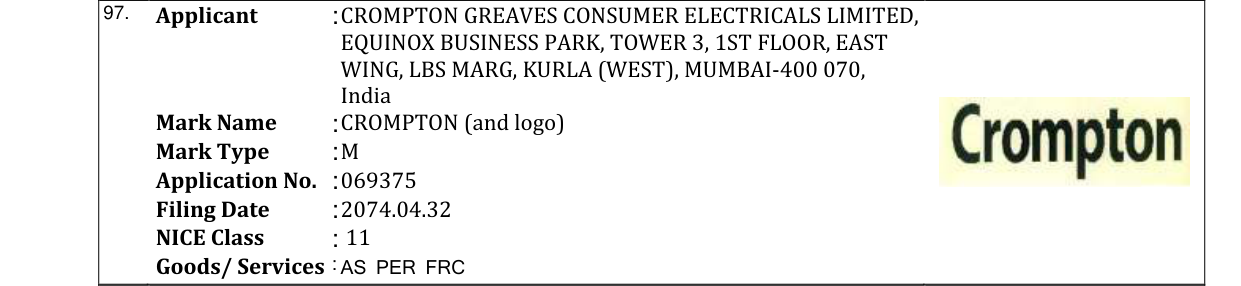 Original bulletin entry for CROMPTON (and logo)